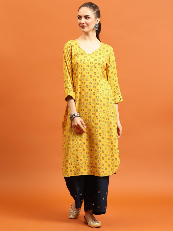 Indiessence (Buy 2 @ 499) Women Mustard Geometric Printed Kurta.
