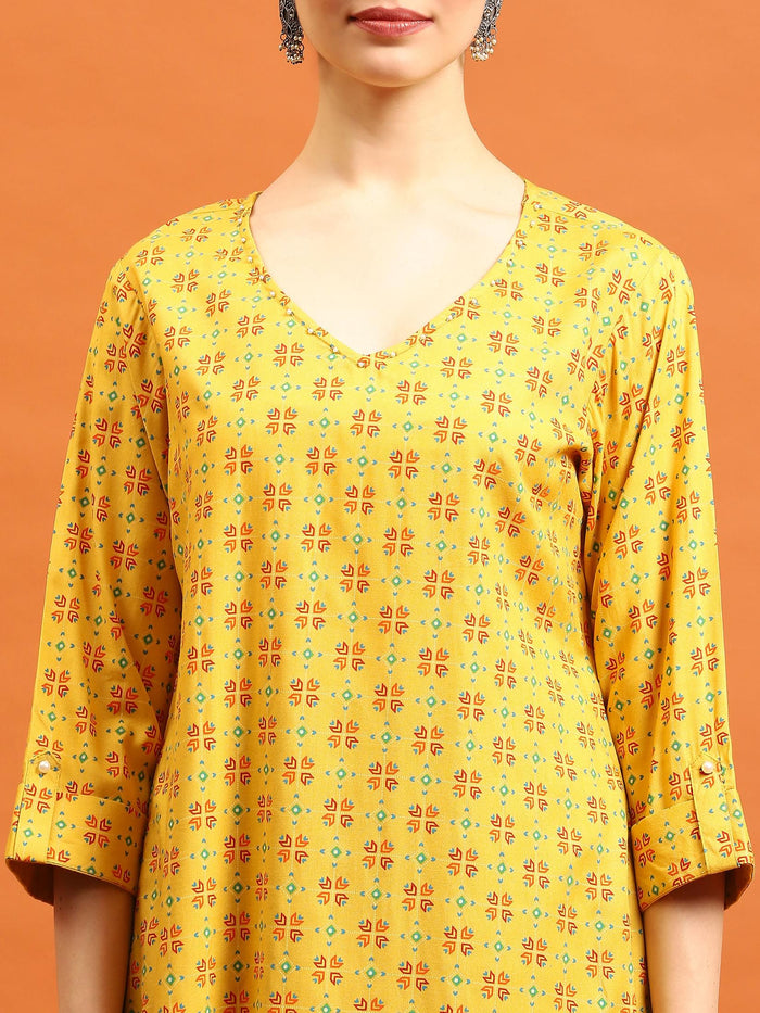 Indiessence (Buy 2 @ 499) Women Mustard Geometric Printed Kurta.