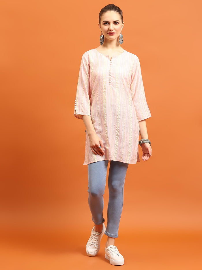 Indiessence (Buy 2 @ 499) Women Pink Stripe Printed Tunic.
