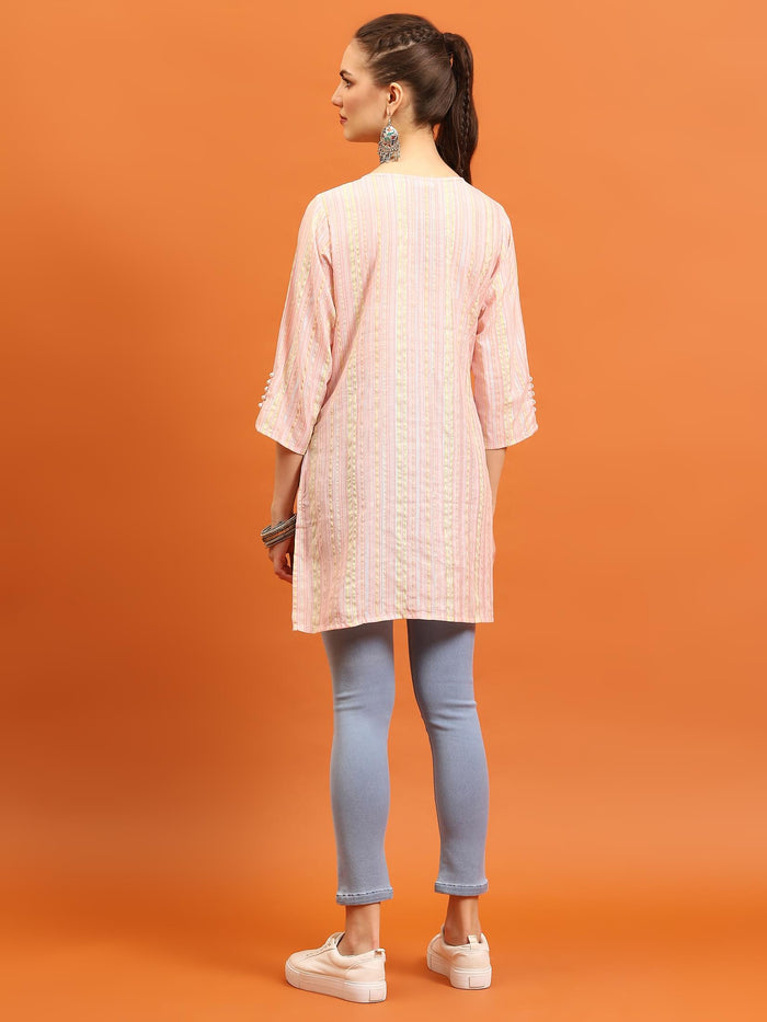 Indiessence (Buy 2 @ 499) Women Pink Stripe Printed Tunic.