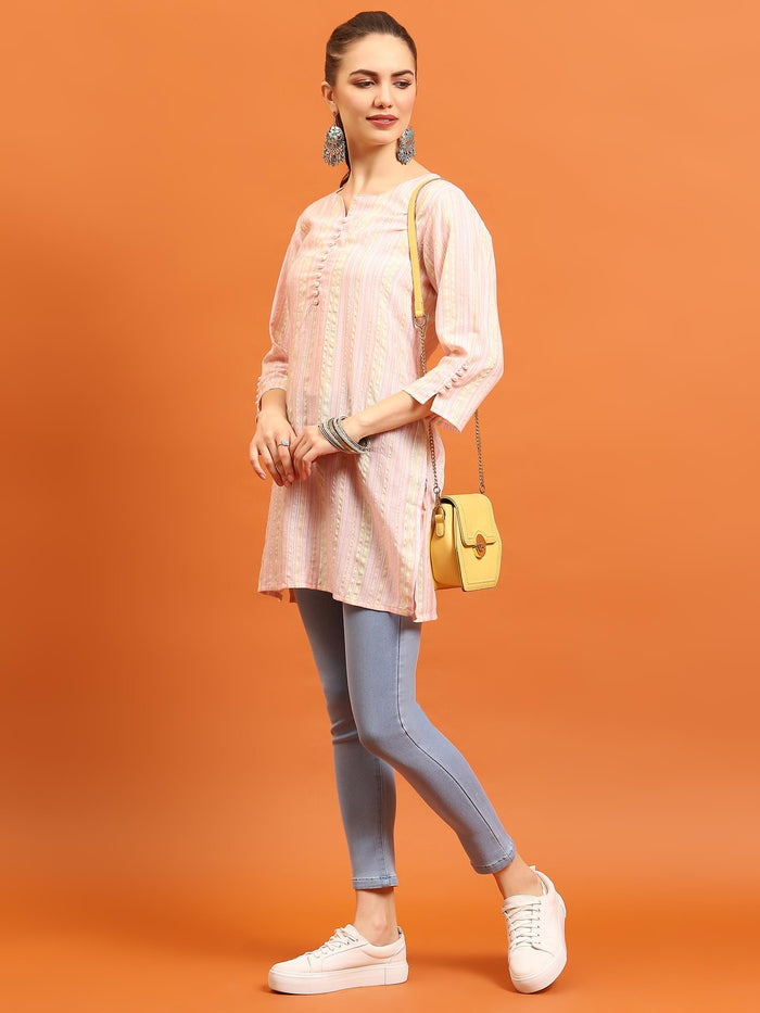 Indiessence (Buy 2 @ 499) Women Pink Stripe Printed Tunic.