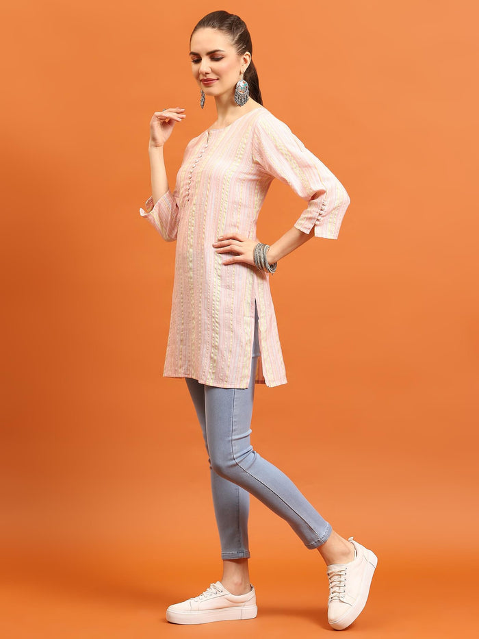 Indiessence (Buy 2 @ 499) Women Pink Stripe Printed Tunic.