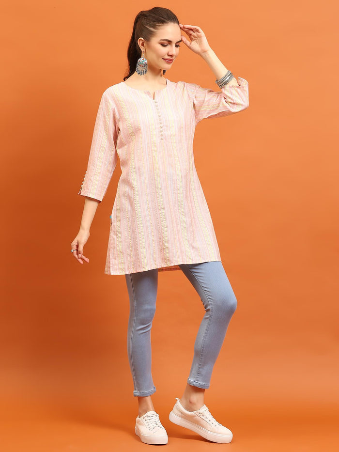 Indiessence (Buy 2 @ 499) Women Pink Stripe Printed Tunic.