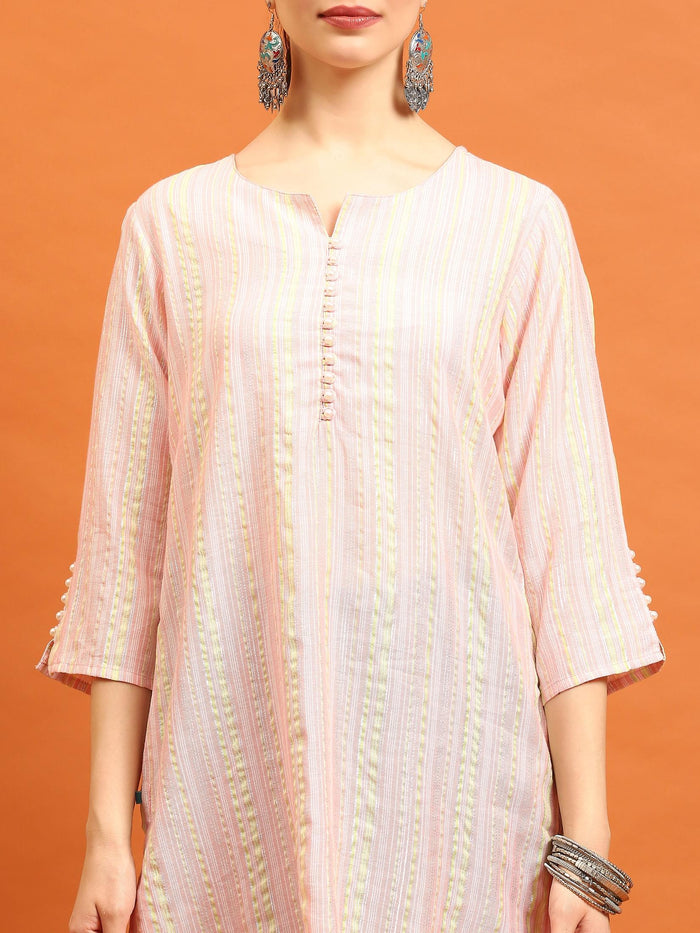 Indiessence (Buy 2 @ 499) Women Pink Stripe Printed Tunic.