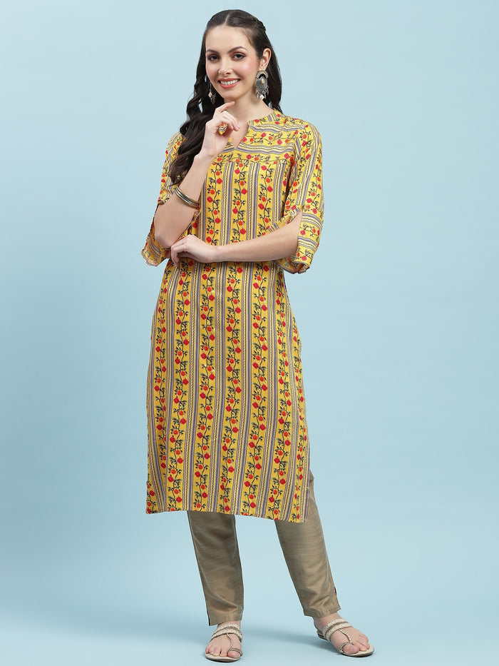 Indiessence (Buy 2 @ 499) Yellow Floral Printed Kurta.