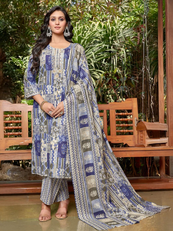 Indiessence Indigo Straight Floral Kurta Comfort Pant Dupatta.