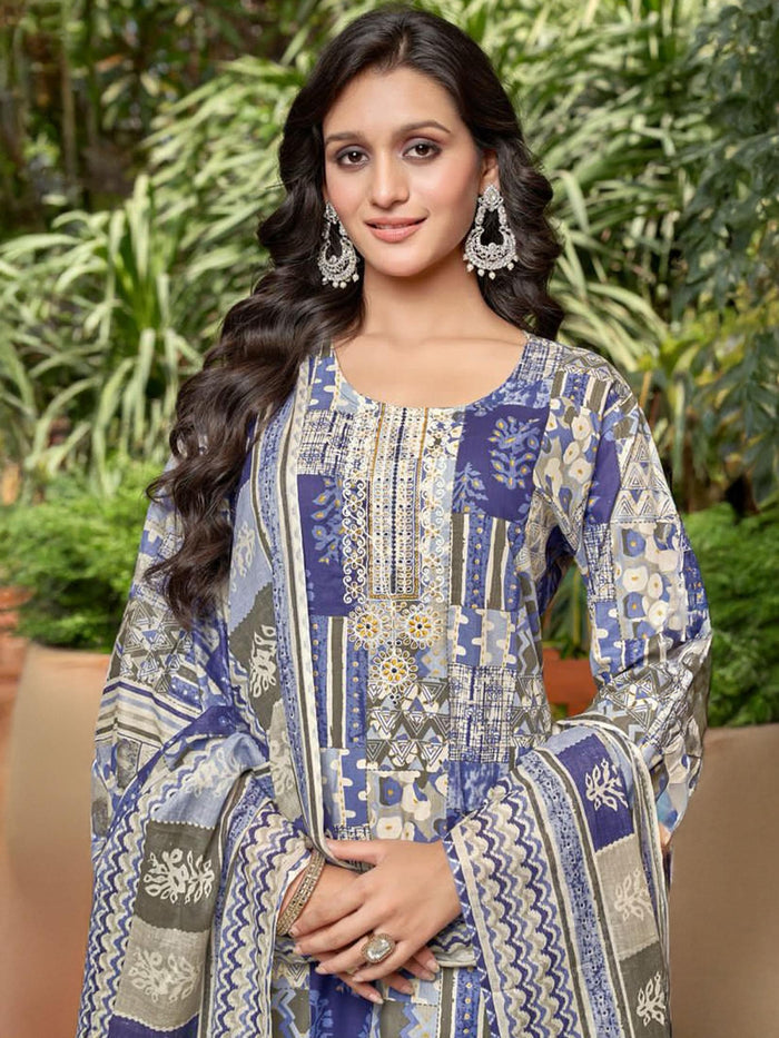Indiessence Indigo Straight Floral Kurta Comfort Pant Dupatta.