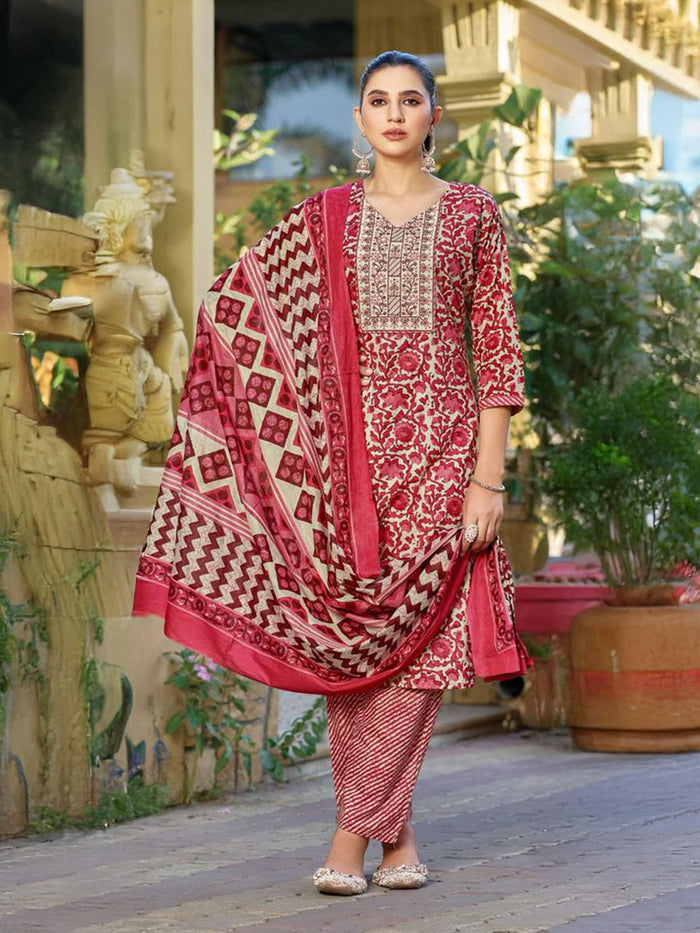 Indiessence Multi Cambric Straight Floral Kurta Comfort Pant Dupatta.