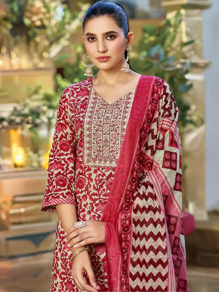 Indiessence Multi Cambric Straight Floral Kurta Comfort Pant Dupatta.