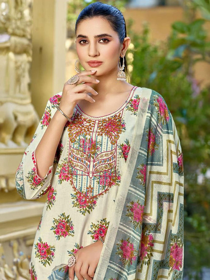 Indiessence Off White Cambric Floral Kurta Comfort Pant Dupatta.