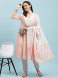 Indiessence Peach Geometric Printed Kurta Trouser Dupatta.