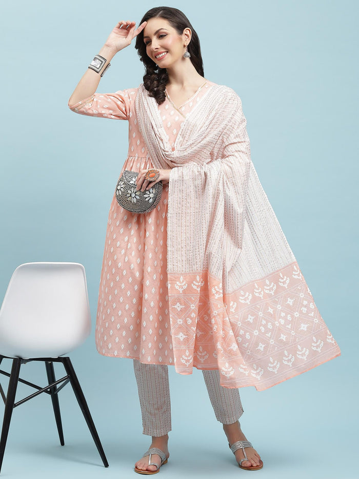 Indiessence Peach Geometric Printed Kurta Trouser Dupatta.