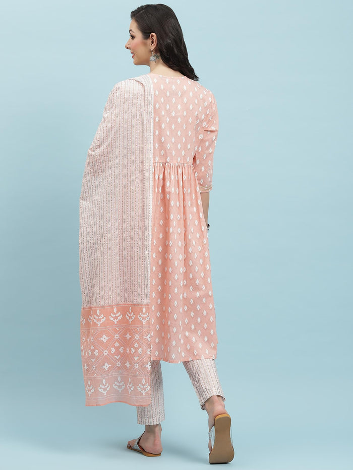 Indiessence Peach Geometric Printed Kurta Trouser Dupatta.