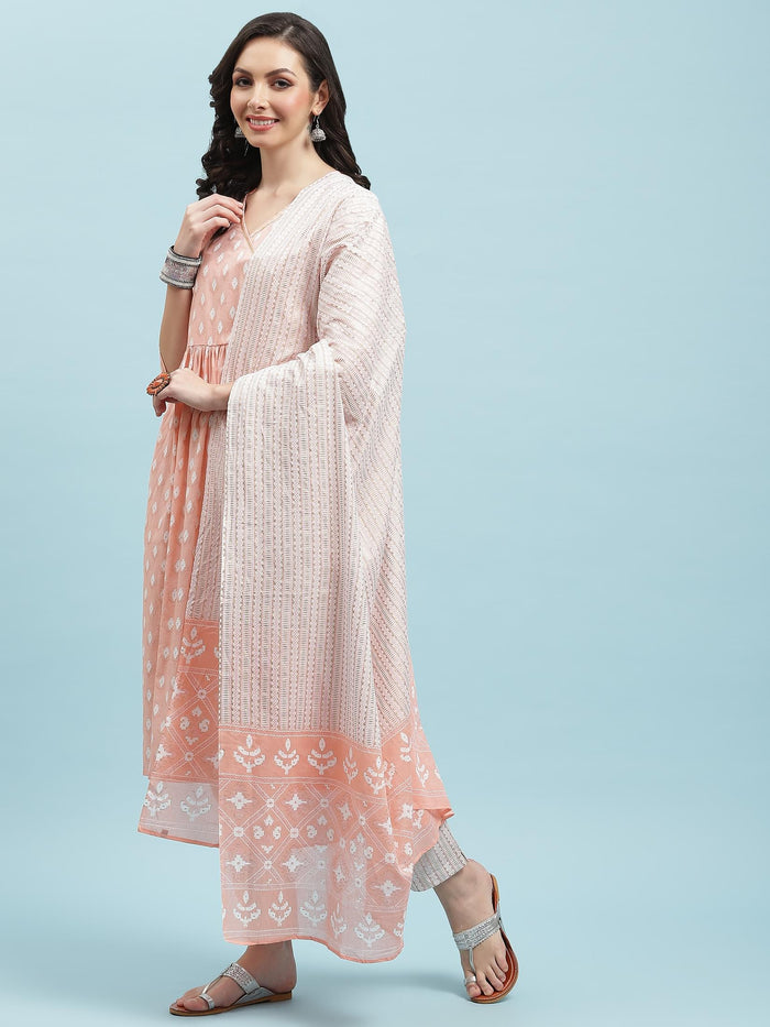 Indiessence Peach Geometric Printed Kurta Trouser Dupatta.