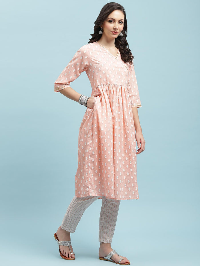 Indiessence Peach Geometric Printed Kurta Trouser Dupatta.