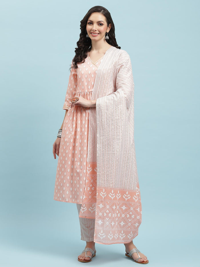 Indiessence Peach Geometric Printed Kurta Trouser Dupatta.