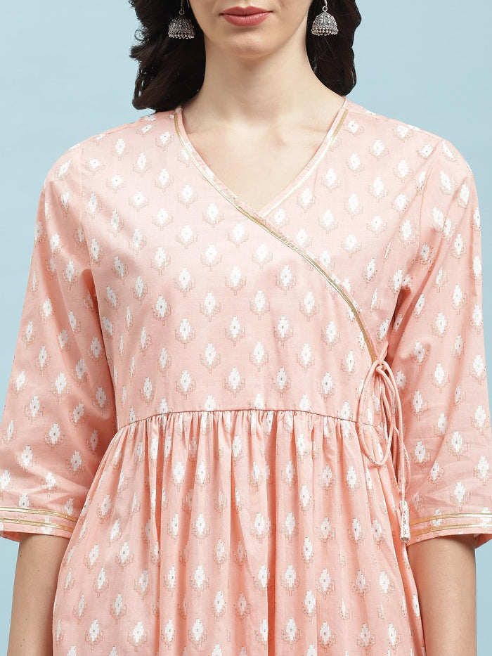 Indiessence Peach Geometric Printed Kurta Trouser Dupatta.