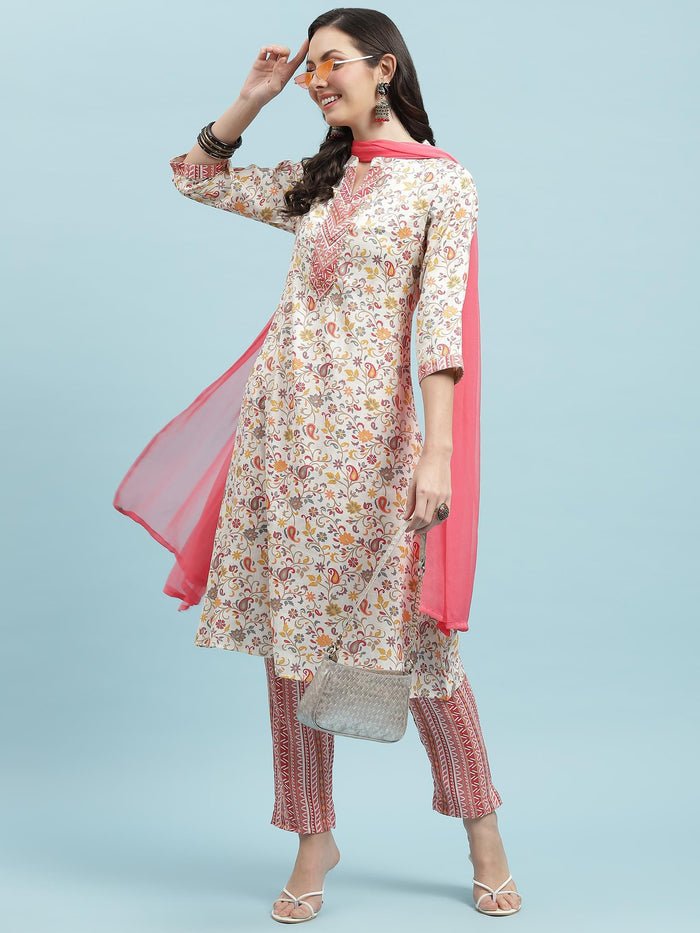 Indiessence Pink Floral Printed Kurta Trouser With Dupatta.