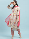 Indiessence Pink Floral Printed Kurta Trouser With Dupatta.