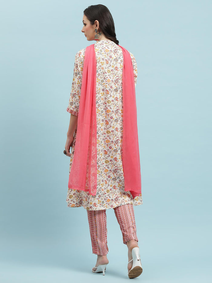 Indiessence Pink Floral Printed Kurta Trouser With Dupatta.