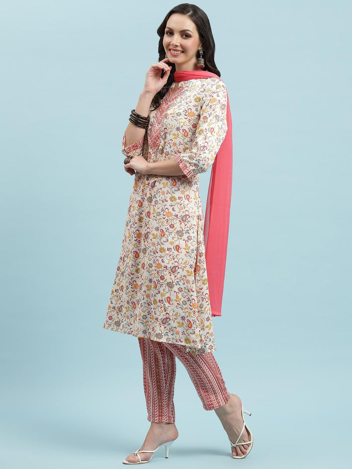 Indiessence Pink Floral Printed Kurta Trouser With Dupatta.