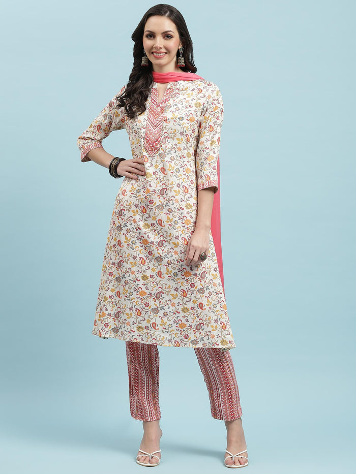 Indiessence Pink Floral Printed Kurta Trouser With Dupatta.