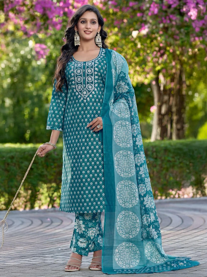 Indiessence Teal Green Cambric Straight Floral Kurta Comfort Pant Dupatta.