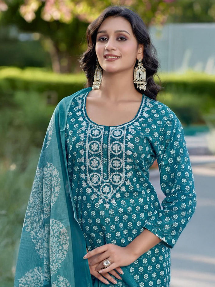 Indiessence Teal Green Cambric Straight Floral Kurta Comfort Pant Dupatta.
