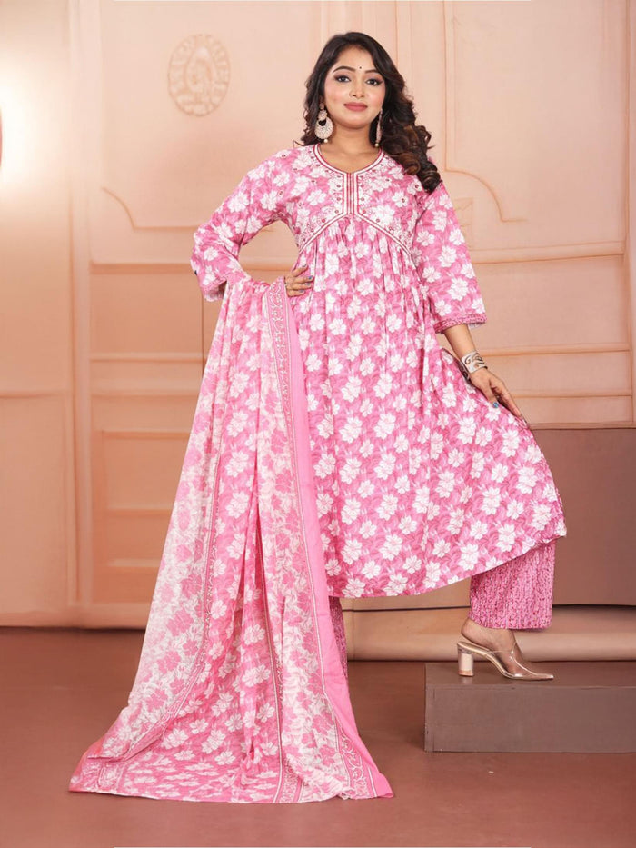 Indiessence White And Pink Floral Kurta Comfort Pant Dupatta.