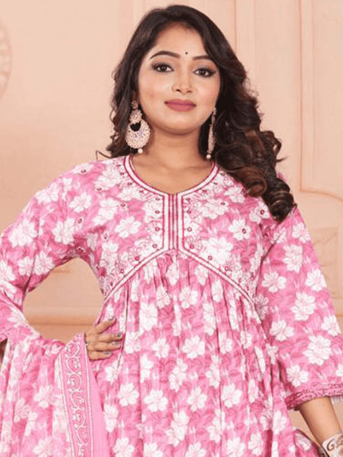 Indiessence White And Pink Floral Kurta Comfort Pant Dupatta.