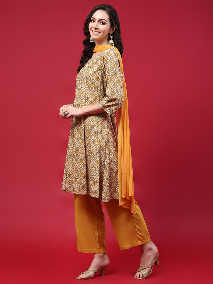 Indiessence Women Beige Floral Printed Kurta Comfort Pant Dupatta.