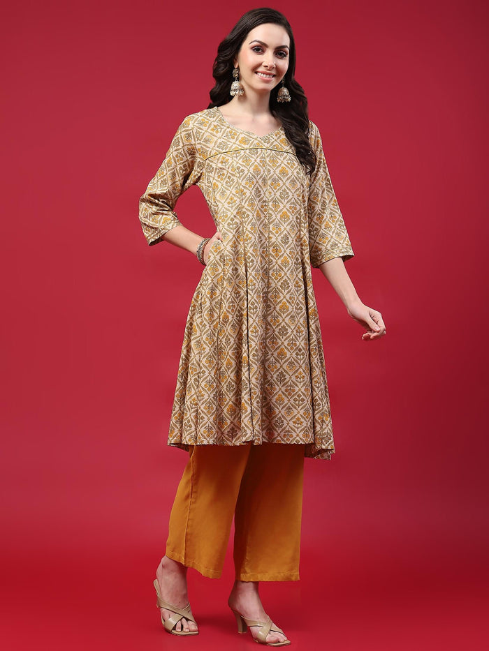 Indiessence Women Beige Floral Printed Kurta Comfort Pant Dupatta.
