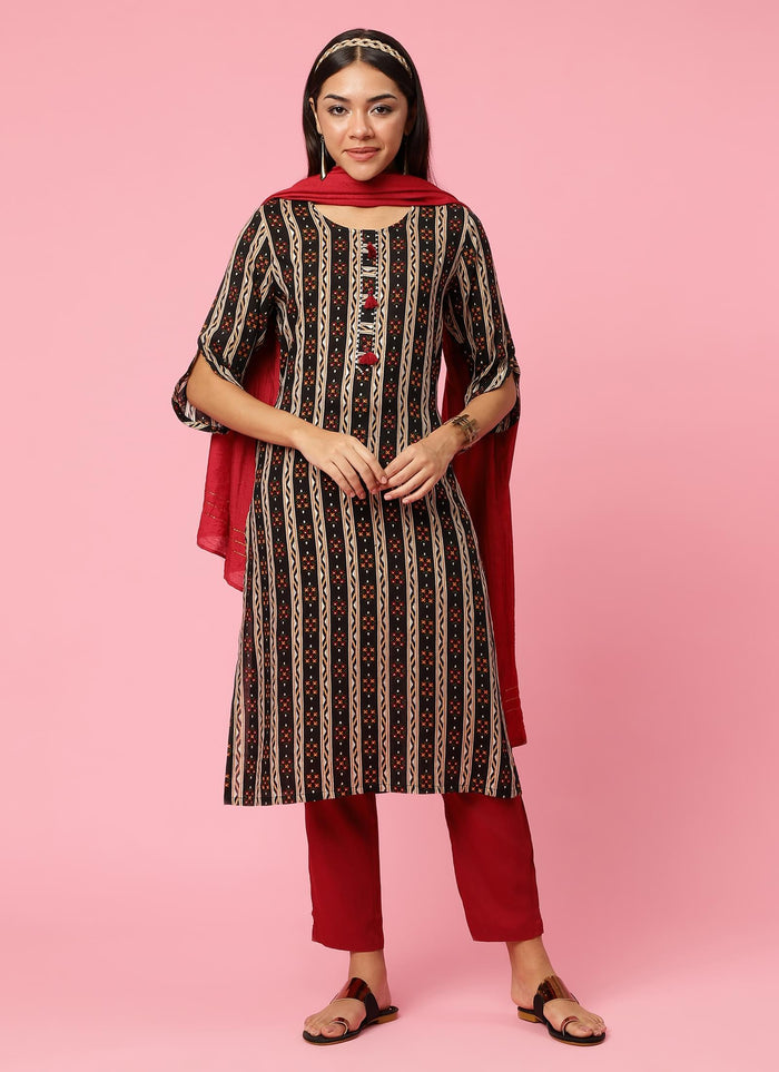 Indiessence Women Black Floral Printed Kurta Trouser Dupatta.