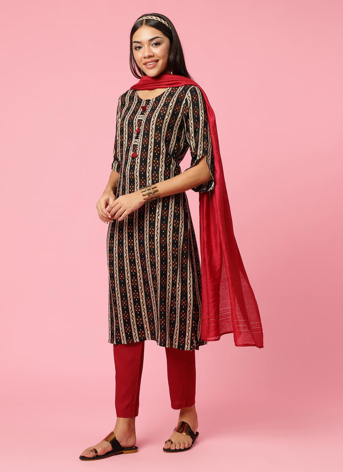 Indiessence Women Black Floral Printed Kurta Trouser Dupatta.