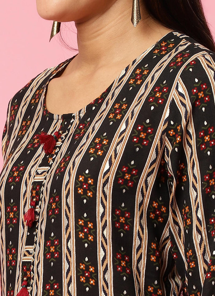 Indiessence Women Black Floral Printed Kurta Trouser Dupatta.