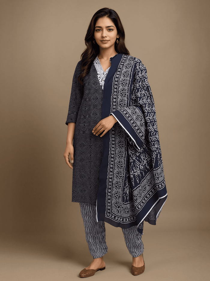 Indiessence Women Cotton Indigo Embroidered Kurta Comfort Pant Dupatta.