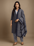 Indiessence Women Cotton Indigo Embroidered Kurta Comfort Pant Dupatta.