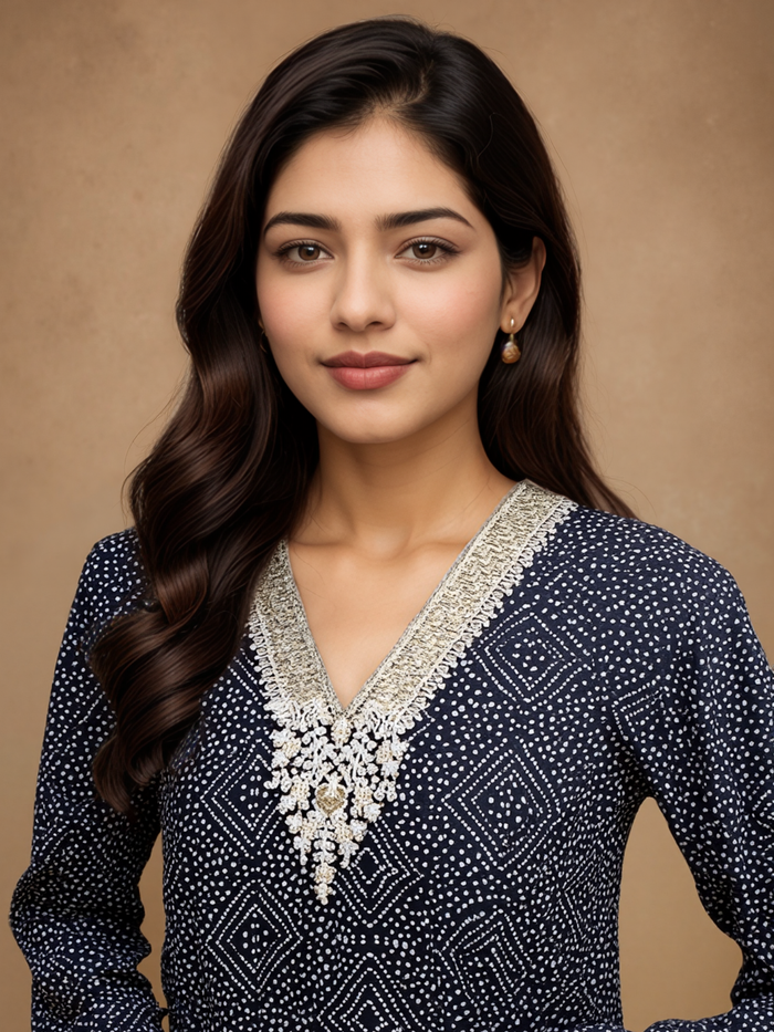 Indiessence Women Cotton Indigo Embroidered Kurta Comfort Pant Dupatta.