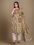 Indiessence Women Cotton Olive Embroidered Kurta Comfort Pant Dupatta.