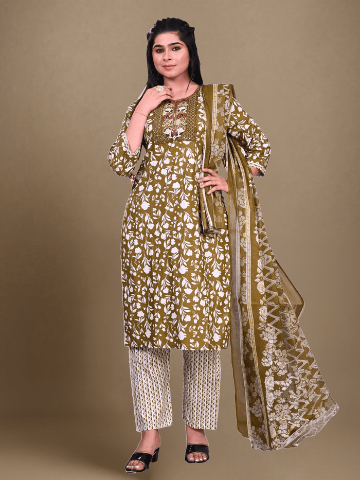 Indiessence Women Cotton Olive Embroidered Kurta Comfort Pant Dupatta.