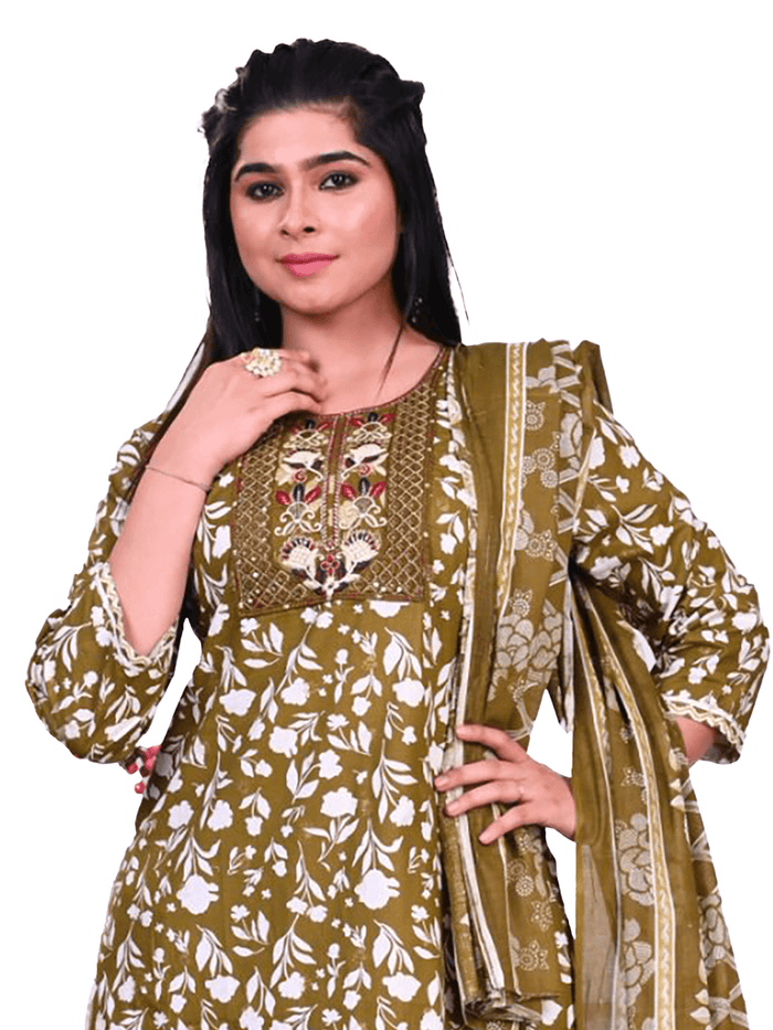 Indiessence Women Cotton Olive Embroidered Kurta Comfort Pant Dupatta.