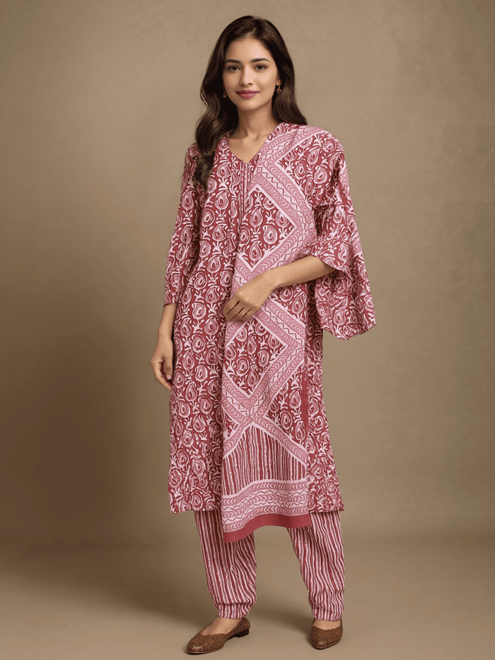 Indiessence Women Cotton Pink Floral Print Kurta Comfort Pant Dupatta.