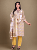 Indiessence Women Cotton Yellow Embroidered Kurta Comfort Pant Dupatta.