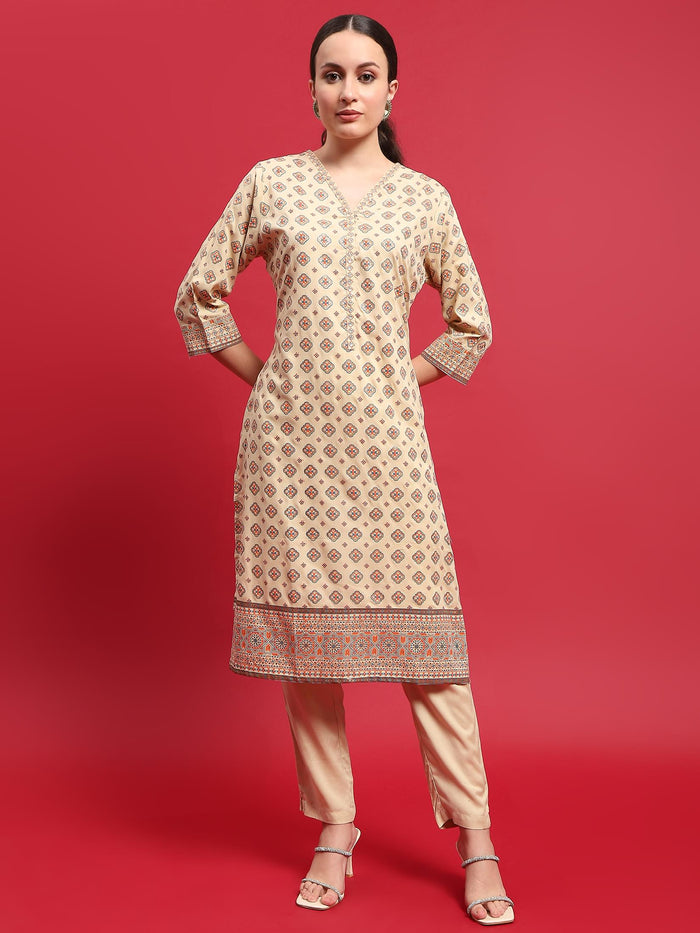 Indiessence Women Liva (Rayon) Beige Ornamental Print Kurta With Trouser.