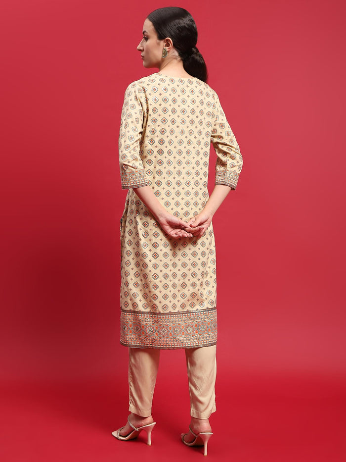 Indiessence Women Liva (Rayon) Beige Ornamental Print Kurta With Trouser.