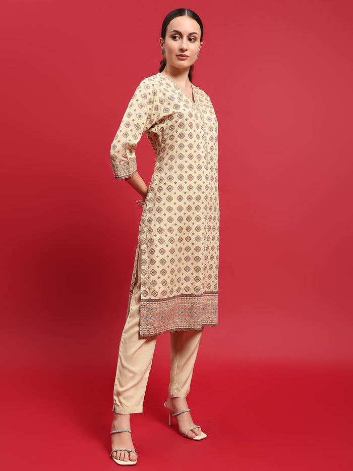 Indiessence Women Liva (Rayon) Beige Ornamental Print Kurta With Trouser.