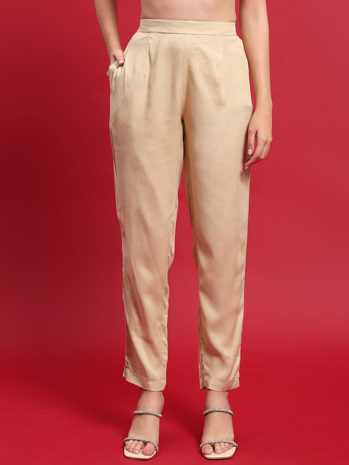 Indiessence Women Liva (Rayon) Beige Ornamental Print Kurta With Trouser.