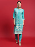 Indiessence Women Liva (Rayon) Turquoise Blue Ornamental Print Kurta With Trouser.