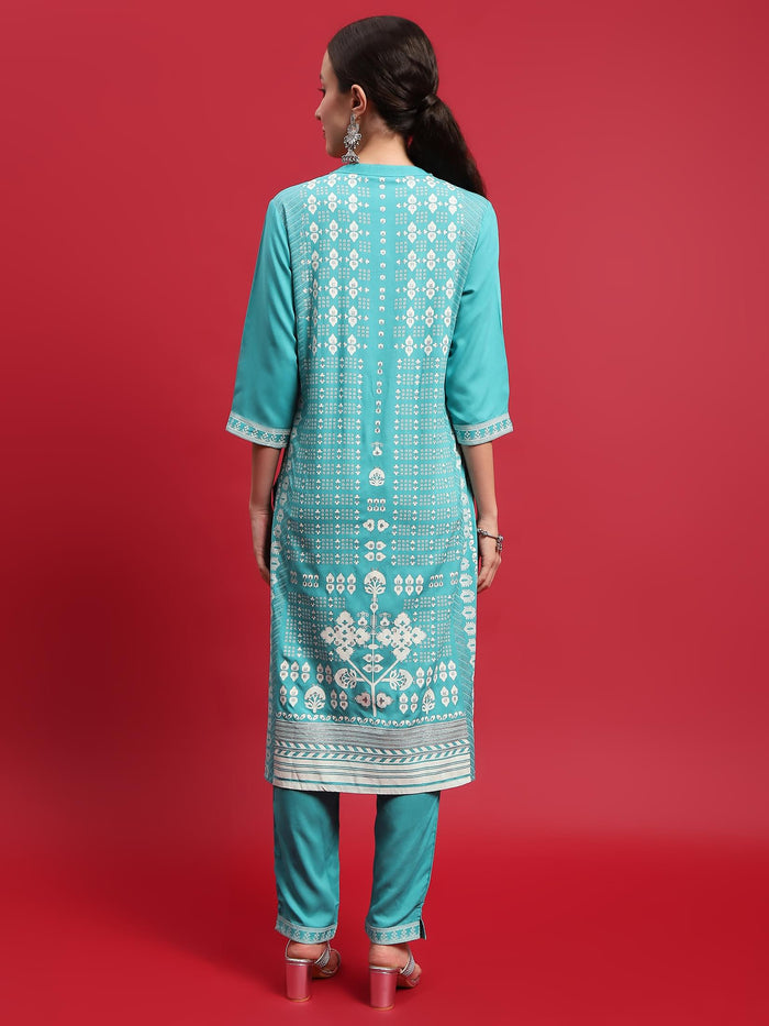 Indiessence Women Liva (Rayon) Turquoise Blue Ornamental Print Kurta With Trouser.