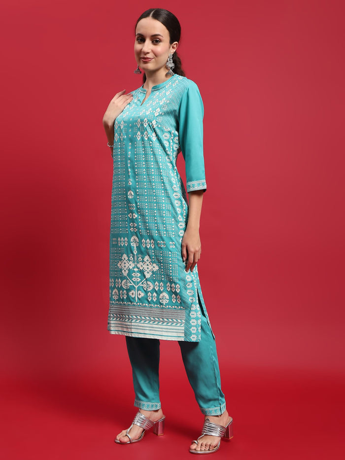 Indiessence Women Liva (Rayon) Turquoise Blue Ornamental Print Kurta With Trouser.